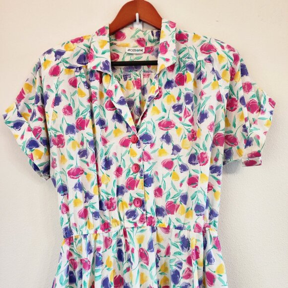 Vtg 70's Fit Flare Midi Shirt Dress Floral Colorful Collar Women M Retrolook - Picture 2 of 14